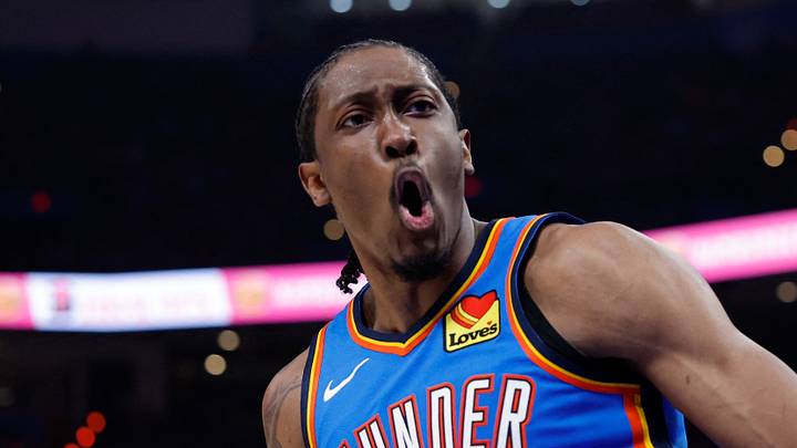 Apr 19, 2026; Oklahoma City, Oklahoma, USA; Oklahoma City Thunder guard Jalen Williams (8) celebrates after scoring against the Phoenix Suns in the second half during game one of the first round of the 2026 NBA Playoffs at Paycom Center. Mandatory Credit: Alonzo Adams-Imagn Images