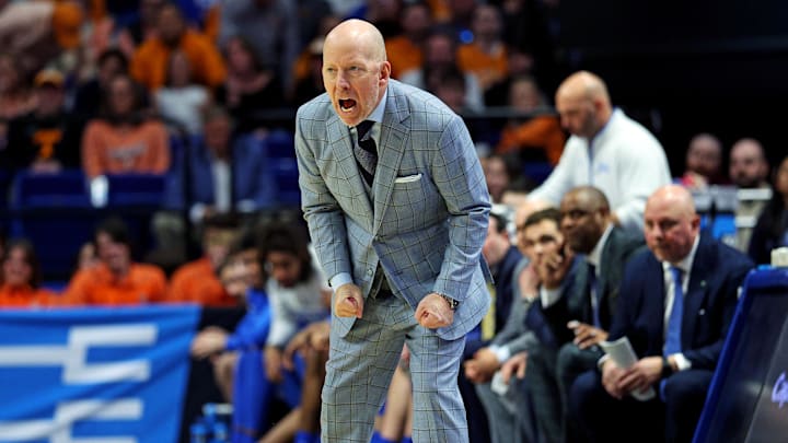 Mar 22, 2025; Lexington, KY, USA; UCLA Bruins head coach Mick Cronin reacts during the first half against the Tennessee Volunteers in the second round of the NCAA Tournament at Rupp Arena. Mandatory Credit: Jordan Prather-Imagn Images