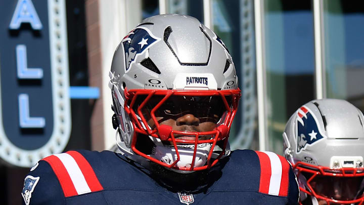 Oct 26, 2025; Foxborough, Massachusetts, USA; New England Patriots defensive end Milton Williams (97) walks to the field prior to a game against the Cleveland Browns at Gillette Stadium. Mandatory Credit: Bob DeChiara-Imagn Images