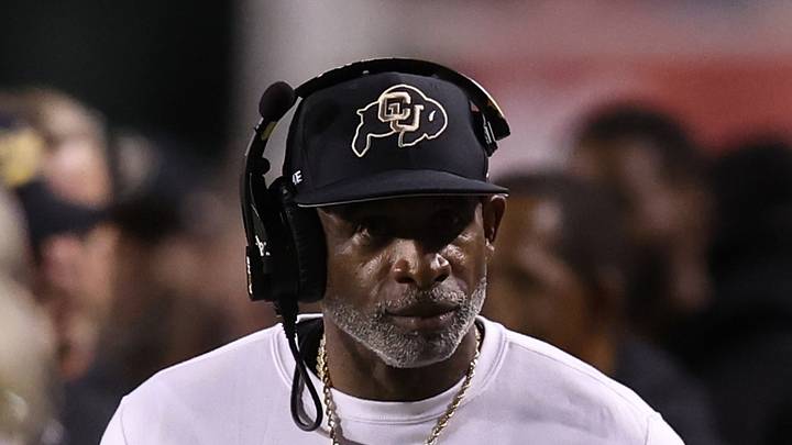 Oct 25, 2025; Salt Lake City, Utah, USA; Colorado Buffaloes head coach Deion Sanders looks on during a time out in the game against the Utah Utes during the second quarter at Rice-Eccles Stadium. Mandatory Credit: Rob Gray-Imagn Images