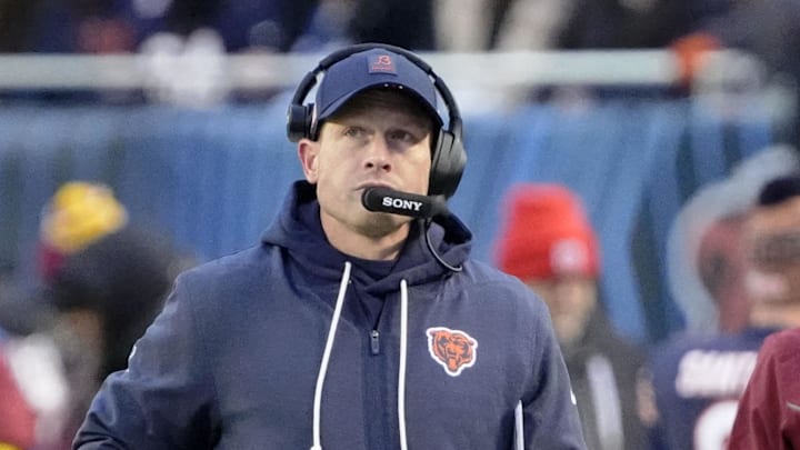 Jan 4, 2026; Chicago, Illinois, USA; Chicago Bears head coach Ben Johnson looks on from the sideline against the Detroit Lions during the first half at Soldier Field. Mandatory Credit: David Banks-Imagn Images