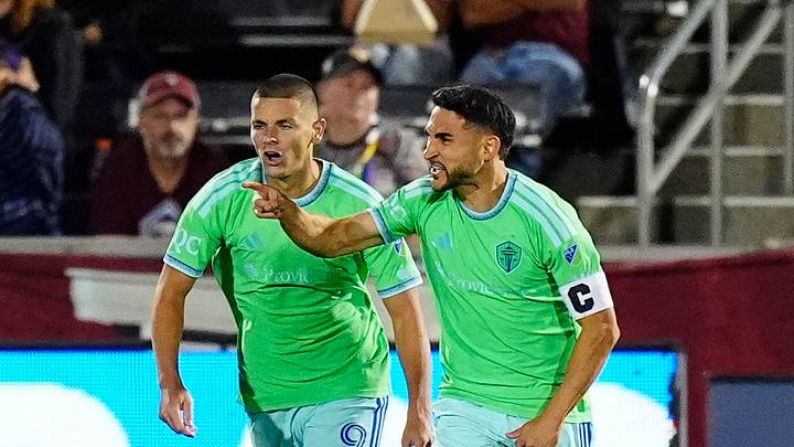 Sep 19, 2026; Commerce City, Colorado, USA; Seattle Sounders FC midfielder Cristian Roldan (7) reacts to his goal scored next to forward Dejan Joveljic (9) in the second half against the Colorado Rapids at Dick's Sporting Goods Park. Mandatory Credit: Ron Chenoy-Imagn Images Sep 19, 2026; Commerce City, Colorado, USA; Seattle Sounders FC midfielder Cristian Roldan (7) reacts to his goal scored next to forward Dejan Joveljic (9) in the second half against the Colorado Rapids at Dick's Sporting Goods Park. Mandatory Credit: Ron Chenoy-Imagn Images