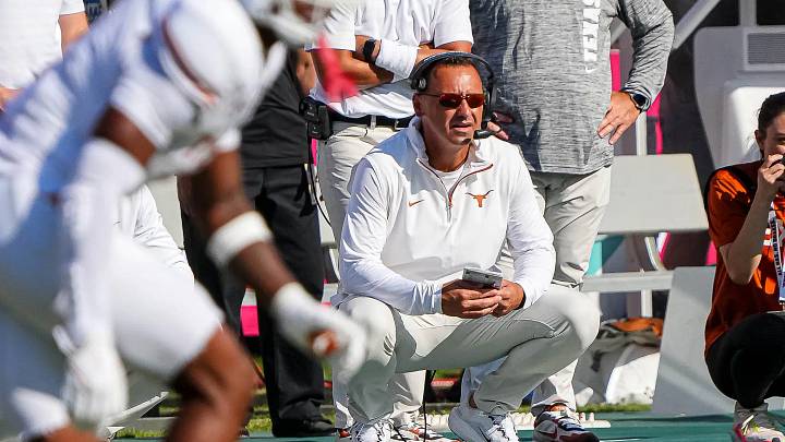 Texas Longhorns head coach Steve Sarkisian watches from the sideline during the Red River Rivalry game against Oklahoma at the Cotton Bowl on Saturday, Oct. 12, 2024 in Dallas, Texas. Texas Longhorns head coach Steve Sarkisian watches from the sideline during the Red River Rivalry game against Oklahoma at the Cotton Bowl on Saturday, Oct. 12, 2024 in Dallas, Texas.
