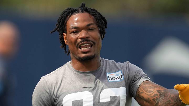 Jun 15, 2021; Costa Mesa, CA, USA; Los Angeles Chargers safety Derwin James (33) reacts during minicamp at the Hoag Performance Center. Mandatory Credit: Kirby Lee-Imagn Images