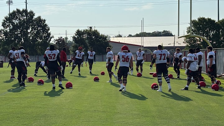 Louisville offensive linemen warmup prior to a fall camp practice Louisville offensive linemen warmup prior to a fall camp practice