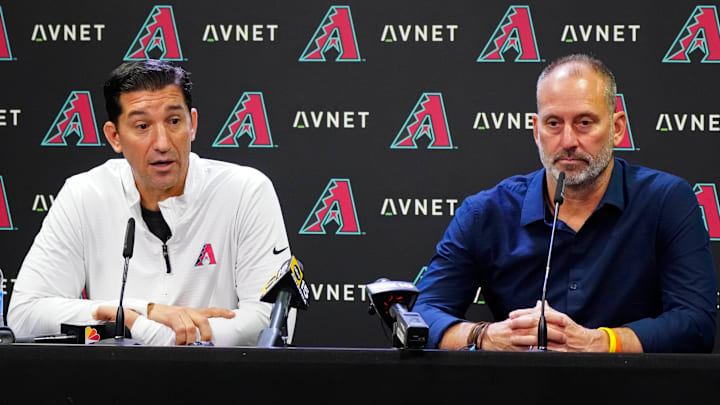 Diamondbacks GM Mike Hazen (left) speaks to the media with Diamondbacks head coach Torey Lovullo after the team was eliminated from playoff contention at Chase Field in Phoenix on Oct. 1, 2024.