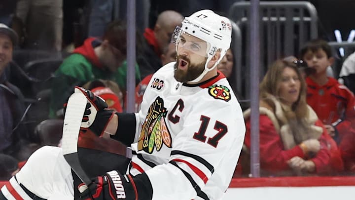 Jan 3, 2026; Washington, District of Columbia, USA; Chicago Blackhawks left wing Nick Foligno (17) celebrates after scoring the game winning goal against the Washington Capitals in a shootout at Capital One Arena. Mandatory Credit: Geoff Burke-Imagn Images