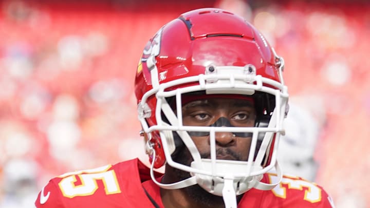 Nov 23, 2025; Kansas City, Missouri, USA; Kansas City Chiefs cornerback Jaylen Watson (35) takes the field against the Indianapolis Colts for warm ups prior to a game at GEHA Field at Arrowhead Stadium. Mandatory Credit: Denny Medley-Imagn Images