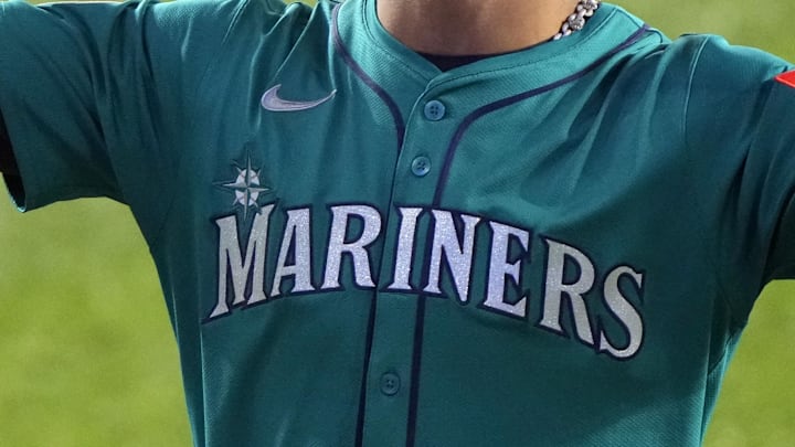 Oct 13, 2025; Toronto, Ontario, CAN; Seattle Mariners center fielder Julio Rodriguez (44) celebrates after defeating the Toronto Blue Jays in game two of the ALCS round for the 2025 MLB playoffs at Rogers Centre. Mandatory Credit: John E. Sokolowski-Imagn Images