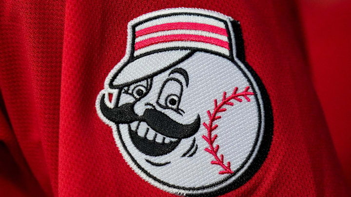 Cincinnati Reds third baseman Elly De La Cruz (44) wears an MLB Debut patch on his jersey in the first inning of the MLB National League game between the Cincinnati Reds and the LA Dodgers at Great American Ball Park in downtown Cincinnati on Tuesday, June 6, 2023. The Reds won 9-8 on a walk-off, bases loaded, single off the bat of shortstop Matt McLain (9) in the bottom of the ninth.