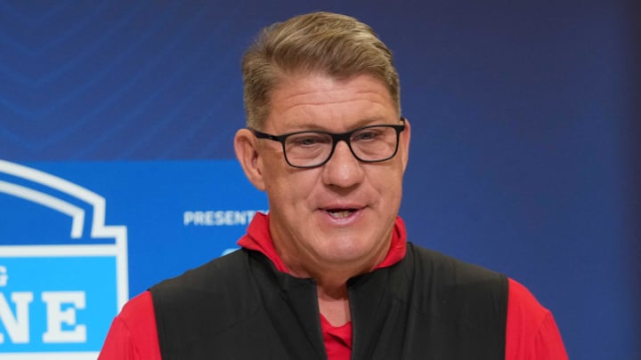 Feb 25, 2025; Indianapolis, IN, USA; Tampa Bay Buccaneers general manager Jason Licht speaks during the NFL Scouting Combine at the Indiana Convention Center. Mandatory Credit: Kirby Lee-Imagn Images