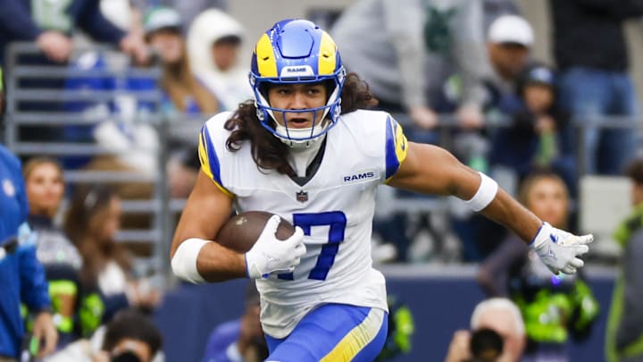 Nov 3, 2024; Seattle, Washington, USA; Los Angeles Rams wide receiver Puka Nacua (17) runs for yards after the catch against the Seattle Seahawks during the second quarter at Lumen Field. Mandatory Credit: Joe Nicholson-Imagn Images Nov 3, 2024; Seattle, Washington, USA; Los Angeles Rams wide receiver Puka Nacua (17) runs for yards after the catch against the Seattle Seahawks during the second quarter at Lumen Field. Mandatory Credit: Joe Nicholson-Imagn Images