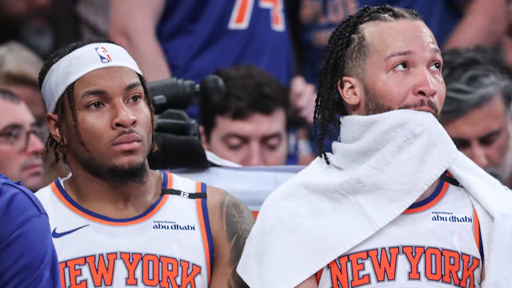 May 10, 2025; New York, New York, USA; New York Knicks guards Miles McBride (2) and Jalen Brunson (11) sit on the bench in the closing minute of the fourth quarter against the Boston Celtics during game three of the second round for the 2025 NBA Playoffs at Madison Square Garden. Mandatory Credit: Wendell Cruz-Imagn Images