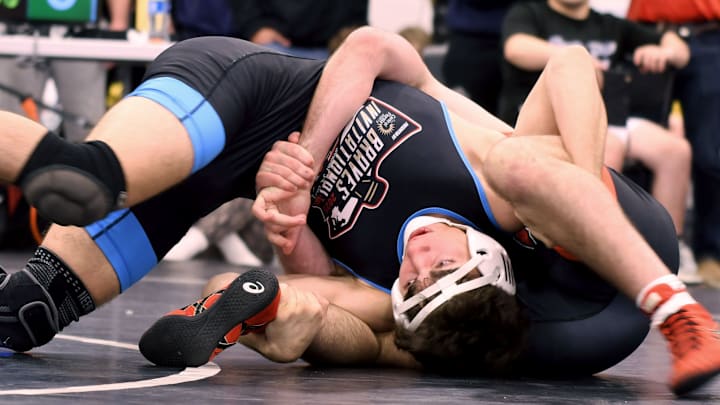 Yianni Marinis (Zephyrhills Christian) wins a 9-5 decision over Jake Wyatt (Palmetto) in the 140-pound division at the Braves Invitational Saturday.