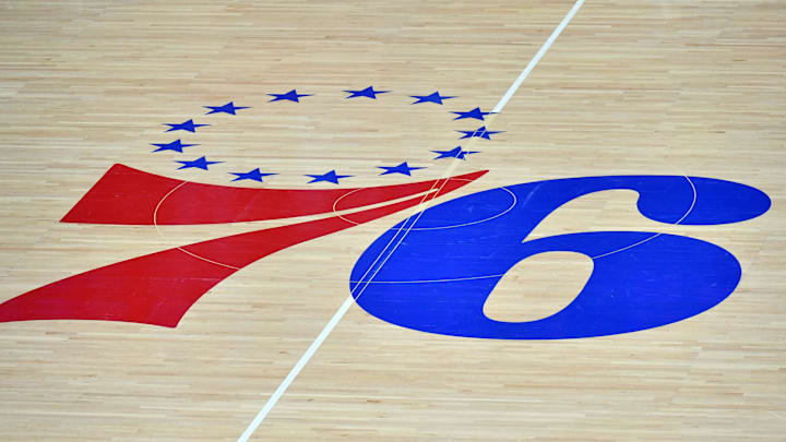 Mar 14, 2021; Philadelphia, Pennsylvania, USA; Philadelphia 76ers logo on the hardwood court against the San Antonio Spurs at Wells Fargo Center. Mandatory Credit: Eric Hartline-Imagn Images