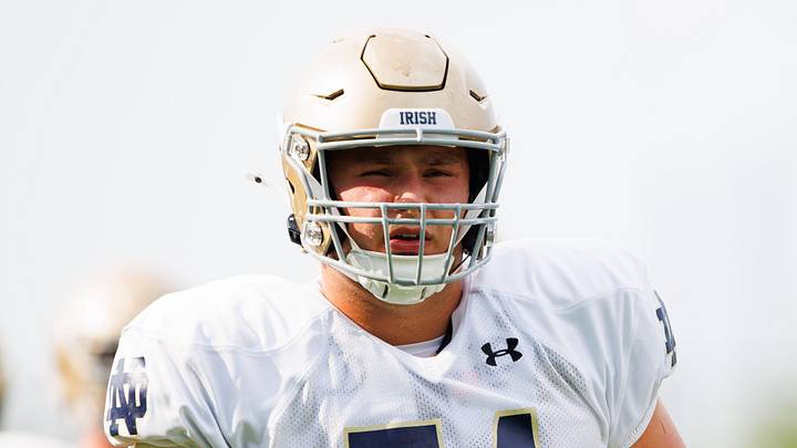 Notre Dame offensive lineman Billy Schrauth participates in a drill during a Notre Dame football practice at Irish Athletic Center on Tuesday, Aug. 6, 2024, in South Bend. Notre Dame offensive lineman Billy Schrauth participates in a drill during a Notre Dame football practice at Irish Athletic Center on Tuesday, Aug. 6, 2024, in South Bend.