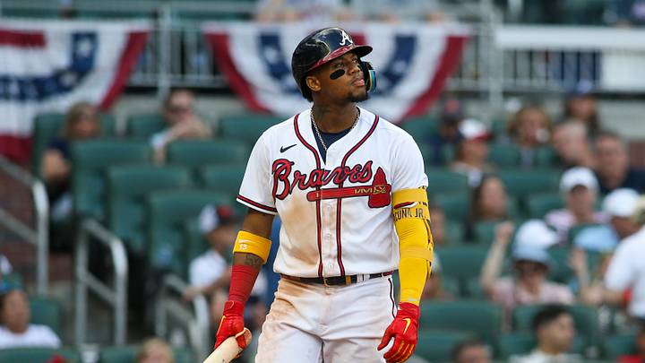 May 28, 2022; Atlanta, Georgia, USA; Atlanta Braves designated hitter Ronald Acuna Jr. (13) reacts after a strikeout against the Miami Marlins in the ninth inning at Truist Park. Mandatory Credit: Brett Davis-USA TODAY Sports