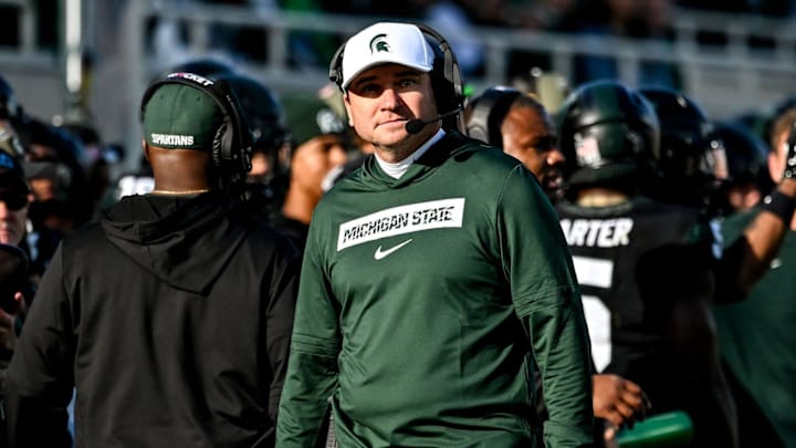 Michigan State's head coach Jonathan Smith looks on form the sideline during the first quarter in the game against Indiana on Saturday, Nov. 2, 2024, at Spartan Stadium in East Lansing.