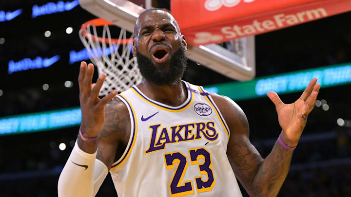 Apr 19, 2025; Los Angeles, California, USA;  Los Angeles Lakers forward LeBron James (23) reacts after missing a pass in the first quarter against the Minnesota Timberwolves at Crypto.com Arena. Mandatory Credit: Jayne Kamin-Oncea-Imagn Images