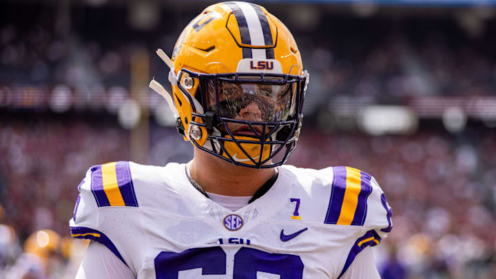 Sep 14, 2024; Columbia, South Carolina, USA; LSU Tigers offensive tackle Will Campbell (66) warms up before a game against the South Carolina Gamecocks at Williams-Brice Stadium. Mandatory Credit: Scott Kinser-Imagn Images