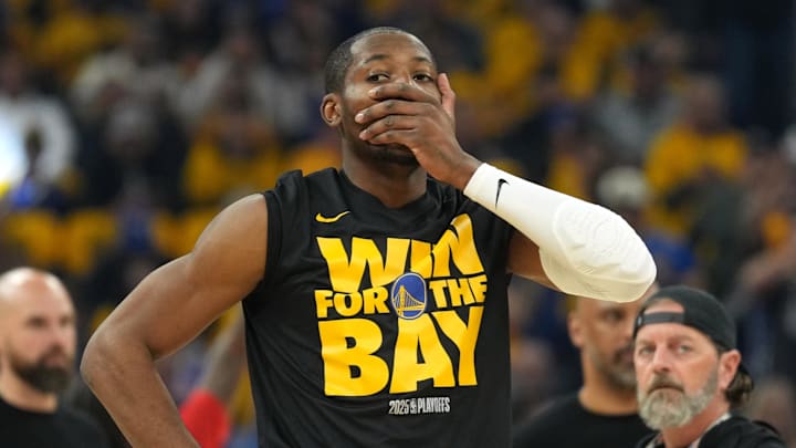 Apr 26, 2025; San Francisco, California, USA; Golden State Warriors forward Jonathan Kuminga (00) before game three of first round for the 2024 NBA Playoffs against the Houston Rockets at Chase Center. Mandatory Credit: Darren Yamashita-Imagn Images Apr 26, 2025; San Francisco, California, USA; Golden State Warriors forward Jonathan Kuminga (00) before game three of first round for the 2024 NBA Playoffs against the Houston Rockets at Chase Center. Mandatory Credit: Darren Yamashita-Imagn Images