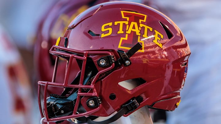 Nov 9, 2024; Kansas City, Missouri, USA; Iowa State Cyclones helmets on the bench during the first quarter against the Kansas Jayhawks at GEHA Field at Arrowhead Stadium.