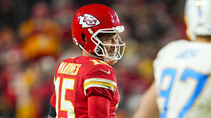 Dec 8, 2024; Kansas City, Missouri, USA; Kansas City Chiefs quarterback Patrick Mahomes (15) reacts after a first down during the second half against the Los Angeles Chargers at GEHA Field at Arrowhead Stadium. Mandatory Credit: Jay Biggerstaff-Imagn Images
