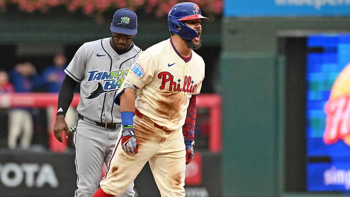 Sep 27, 2026; Philadelphia, Pennsylvania, USA; Philadelphia Phillies designated hitter Kyle Schwarber (12) reacts after after hitting a two RBI double during the second inning against the Tampa Bay Rays at Citizens Bank Park. Mandatory Credit: Eric Hartline-Imagn Images Sep 27, 2026; Philadelphia, Pennsylvania, USA; Philadelphia Phillies designated hitter Kyle Schwarber (12) reacts after after hitting a two RBI double during the second inning against the Tampa Bay Rays at Citizens Bank Park. Mandatory Credit: Eric Hartline-Imagn Images