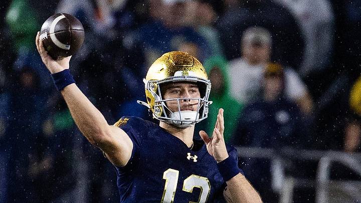 Oct 18, 2025; South Bend, Indiana, USA; Notre Dame Fighting Irish quarterback CJ Carr (13) drops back to pass the ball  in the second half against the Southern California Trojans at Notre Dame Stadium.