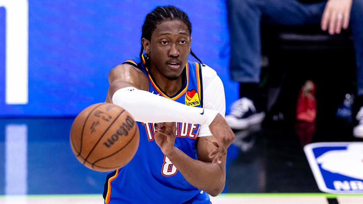 Apr 29, 2024; New Orleans, Louisiana, USA; Oklahoma City Thunder forward Jalen Williams (8) passes the ball against the New Orleans Pelicans during game four of the first round for the 2024 NBA playoffs at Smoothie King Center. Mandatory Credit: Stephen Lew-Imagn Images