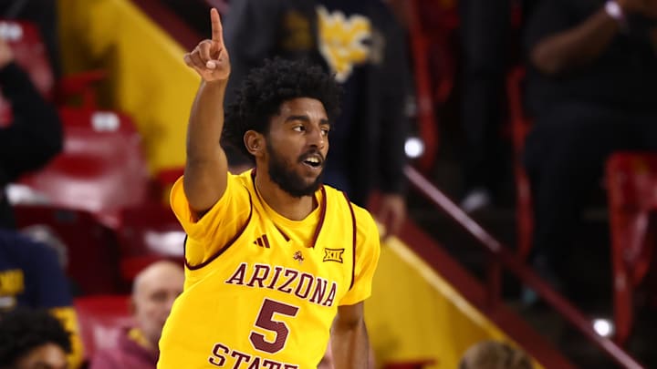 Jan 21, 2026; Tempe, Arizona, USA; Arizona State Sun Devils guard Maurice Odum (5) celebrates a shot against the West Virginia Mountaineers in the first half at Desert Financial Arena. Mandatory Credit: Mark J. Rebilas-Imagn Images