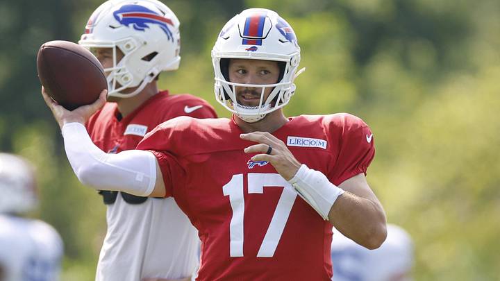 Buffalo Bills quarterback Josh Allen (17) looks to pass the football during joint training camp practice with the Chicago Bears ahead of Sunday's preseason game. Buffalo Bills quarterback Josh Allen (17) looks to pass the football during joint training camp practice with the Chicago Bears ahead of Sunday's preseason game.