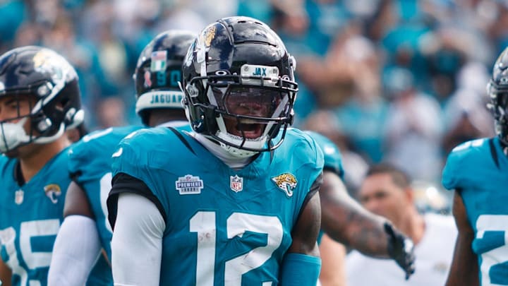 Sep 7, 2025; Jacksonville, Florida, USA; Jacksonville Jaguars wide receiver Travis Hunter (12) reacts after a turnover on defense against the Carolina Panthers during the third quarter at EverBank Stadium. Mandatory Credit: Morgan Tencza-Imagn Images Sep 7, 2025; Jacksonville, Florida, USA; Jacksonville Jaguars wide receiver Travis Hunter (12) reacts after a turnover on defense against the Carolina Panthers during the third quarter at EverBank Stadium. Mandatory Credit: Morgan Tencza-Imagn Images