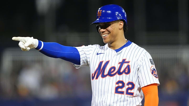 Aug 17, 2025; Williamsport, Pennsylvania, USA; New York Mets outfielder Juan Soto (22) reacts after being walked against the Seattle Mariners in the third inning at Journey Bank Ballpark at Historic Bowman Field. Mandatory Credit: Kyle Ross-Imagn Images