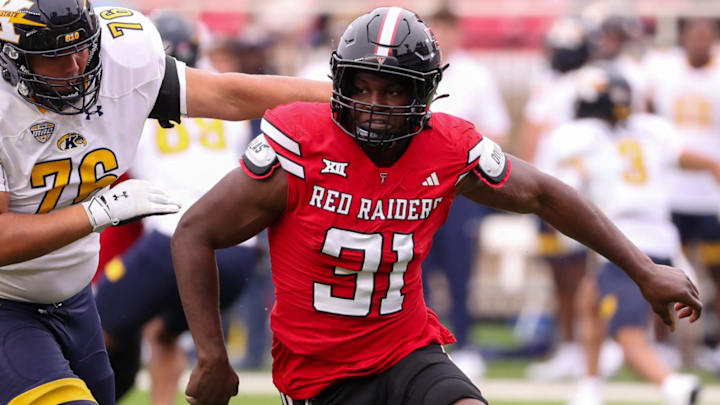Texas Tech's David Bailey rushes the Kent State offense during a non-conference football game, Saturday, September 6, 2025, at Jones AT&T Stadium.