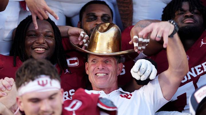 Oklahoma head coach Brent Venables celebrates following the Red River Rivalry college football game between the University of Oklahoma Sooners (OU) and the Texas Longhorns Oklahoma head coach Brent Venables celebrates following the Red River Rivalry college football game between the University of Oklahoma Sooners (OU) and the Texas Longhorns