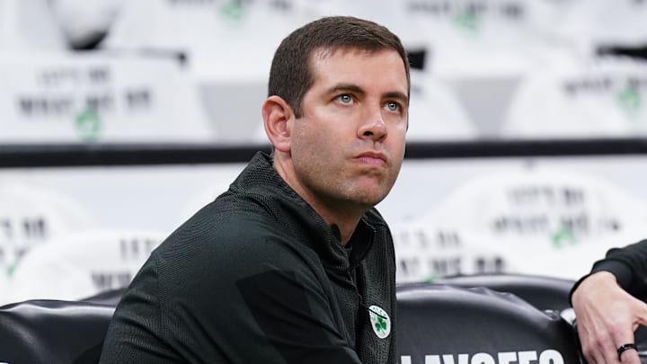 Apr 17, 2022; Boston, Massachusetts, USA; Boston Celtics President of Basketball Operations Brad Stevens
on the court sideline before the start of the first round against the Boston Celtics for the 2022 NBA playoffs at TD Garden. Mandatory Credit: David Butler II-Imagn Images
