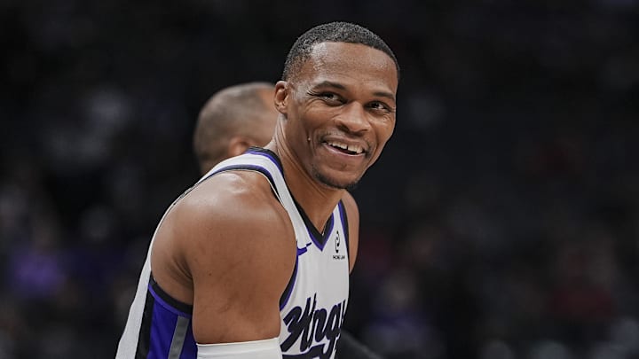 Jan 11, 2026; Sacramento, California, USA; Sacramento Kings guard Russell Westbrook (18) smiles during the second quarter Houston Rockets at Golden 1 Center.