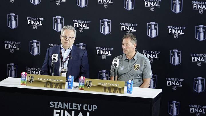 Jun 2, 2023; Las Vegas, Nevada, USA; Vegas Golden Knights general manager Kelly McCrimmon and head coach Bruce Cassidy answers questions to the press during media day in advance of the 2023 Stanley Cup Final. Mandatory Credit: Lucas Peltier-Imagn Images Jun 2, 2023; Las Vegas, Nevada, USA; Vegas Golden Knights general manager Kelly McCrimmon and head coach Bruce Cassidy answers questions to the press during media day in advance of the 2023 Stanley Cup Final. Mandatory Credit: Lucas Peltier-Imagn Images