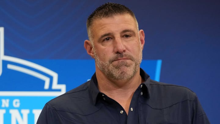 Feb 25, 2025; Indianapolis, IN, USA; New England Patriots coach Mike Vrabel speaks during the NFL Scouting Combine at the Indiana Convention Center. Mandatory Credit: Kirby Lee-Imagn Images