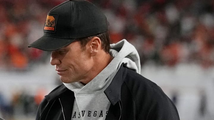 Jan 19, 2026; Miami Gardens, FL, USA; Egon Durban walks on the sideline with Tom Brady before the CFP National Championship college football game between the Indiana Hoosiers and the Miami Hurricanes at Hard Rock Stadium. Mandatory Credit: Kirby Lee-Imagn Images