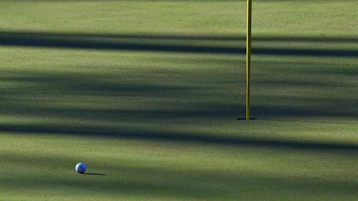 Apr 12, 2024; Augusta, Georgia, USA; A view of the pin flag on the 16th hole during the completion of the first round of the Masters Tournament at Augusta National Golf Club. Mandatory Credit: Kyle Terada-USA TODAY Network