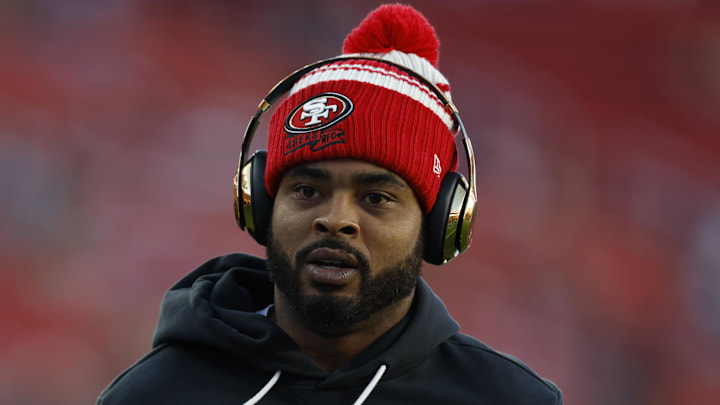 Dec 28, 2025; Santa Clara, California, USA; San Francisco 49ers wide receiver Jauan Jennings (15) warms up before the game against the Chicago Bears at Levi's Stadium. Mandatory Credit: Sergio Estrada-Imagn Images