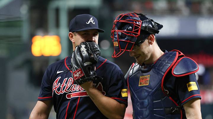 Sep 18, 2026; Houston, Texas, USA; Atlanta Braves starting pitcher Tyler Mahle (54) and catcher Sean Murphy (12) walk off the field during the third inning against the Houston Astros at Daikin Park. Mandatory Credit: Troy Taormina-Imagn Images