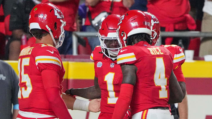 Sep 5, 2024; Kansas City, Missouri, USA; Kansas City Chiefs wide receiver Xavier Worthy (1) celebrates with quarterback Patrick Mahomes (15) and wide receiver Rashee Rice (4) after scoring a touchdown against the Baltimore Ravens during the game at GEHA Field at Arrowhead Stadium. Mandatory Credit: Denny Medley-Imagn Images Sep 5, 2024; Kansas City, Missouri, USA; Kansas City Chiefs wide receiver Xavier Worthy (1) celebrates with quarterback Patrick Mahomes (15) and wide receiver Rashee Rice (4) after scoring a touchdown against the Baltimore Ravens during the game at GEHA Field at Arrowhead Stadium. Mandatory Credit: Denny Medley-Imagn Images