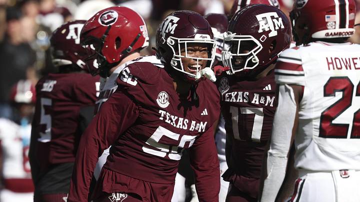 Nov 15, 2025; College Station, Texas, USA; Texas A&M Aggies defensive end Dayon Hayes (50) reacts after making a tackle during the fourth quarter against the South Carolina Gamecocks at Kyle Field. Mandatory Credit: Troy Taormina-Imagn Images Nov 15, 2025; College Station, Texas, USA; Texas A&M Aggies defensive end Dayon Hayes (50) reacts after making a tackle during the fourth quarter against the South Carolina Gamecocks at Kyle Field. Mandatory Credit: Troy Taormina-Imagn Images