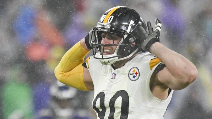 Jan 6, 2024; Baltimore, Maryland, USA;  Pittsburgh Steelers linebacker T.J. Watt (90) reacts after sacking Baltimore Ravens quarterback Tyler Huntley (2) in the third quarter at M&T Bank Stadium. 