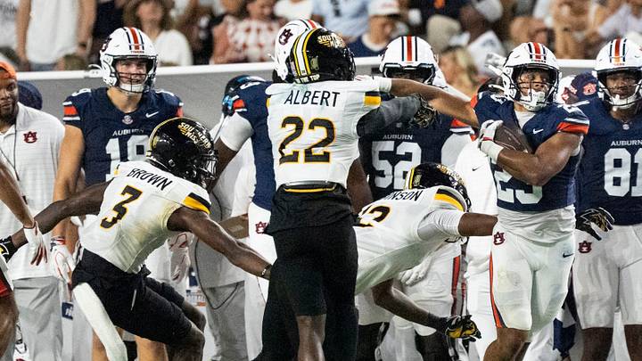 Southern Miss cornerback Kobi Albert (22) and his Golden Eagles defensive teammates in action against Auburn on Saturday, Sept. 12, 2026, at Jordan-Hare Stadium. Southern Miss cornerback Kobi Albert (22) and his Golden Eagles defensive teammates in action against Auburn on Saturday, Sept. 12, 2026, at Jordan-Hare Stadium.