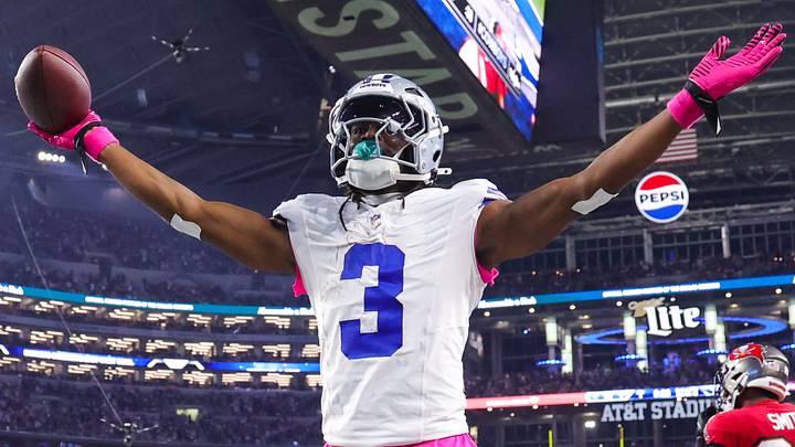 Dallas Cowboys wide receiver George Pickens reacts after scoring a touchdown against the Tampa Bay Buccaneers. Dallas Cowboys wide receiver George Pickens reacts after scoring a touchdown against the Tampa Bay Buccaneers.