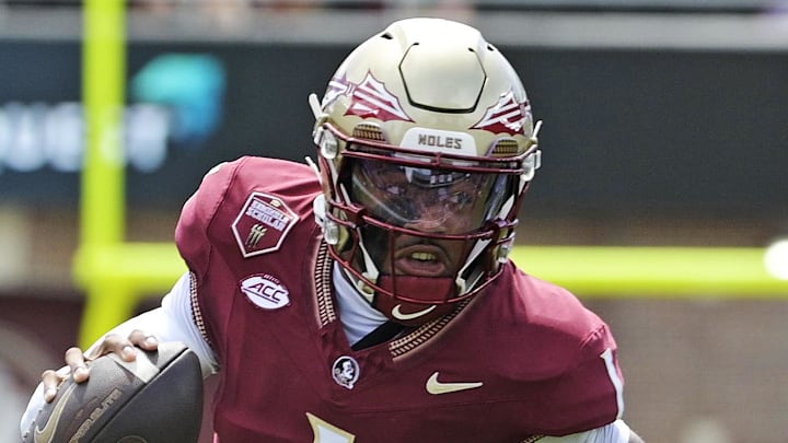 Sep 6, 2025; Tallahassee, Florida, USA; Florida State Seminoles quarterback Tommy Castellanos (1) runs the ball during the first half against the East Texas A&M Lions at Doak S. Campbell Stadium. Mandatory Credit: Melina Myers-Imagn Images